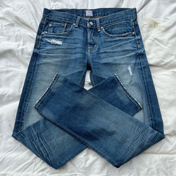 AG Straight Leg Selvedge Jeans Distressed Ripped Knees Medium Blue Wash - Picture 4 of 11